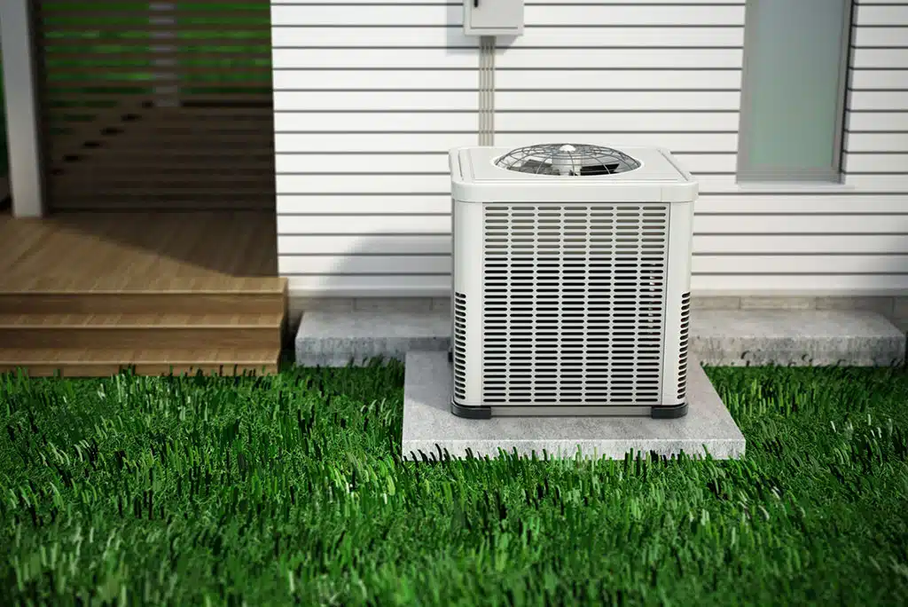 An HVAC unit installed outside a white home. Animated graphic.