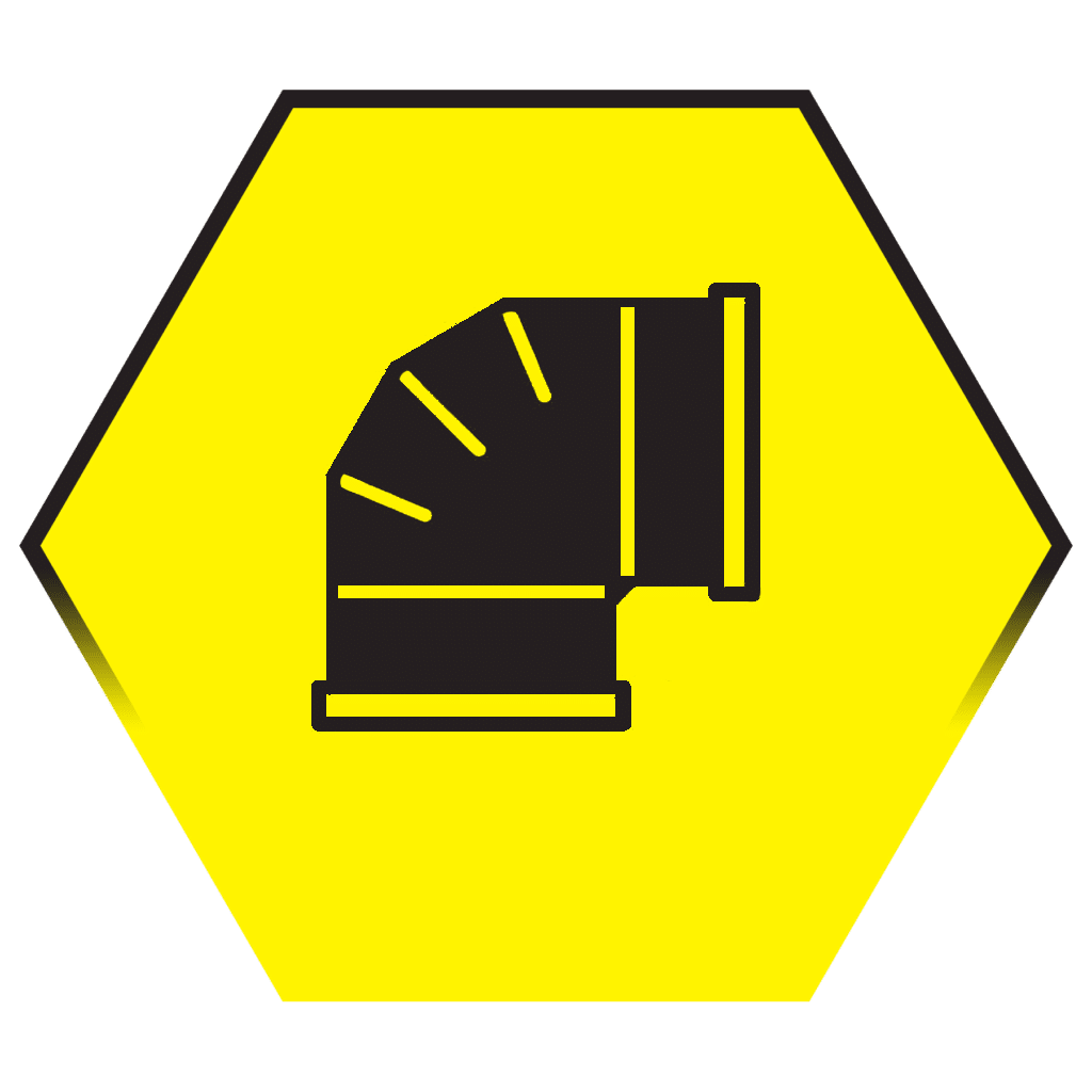 A yellow sign showing symbol of a curved section of an air duct.