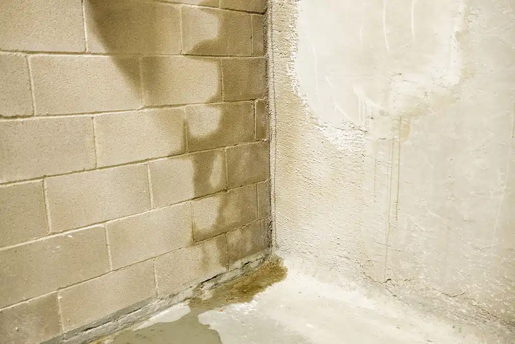 A close-up of a white basement wall with water stains.